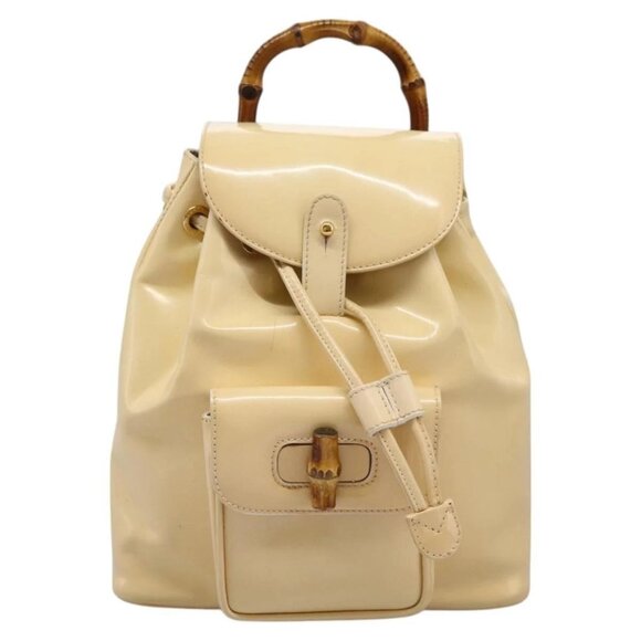 GUCCI Bamboo Backpack Patent leather Beige Gold - Picture 1 of 16